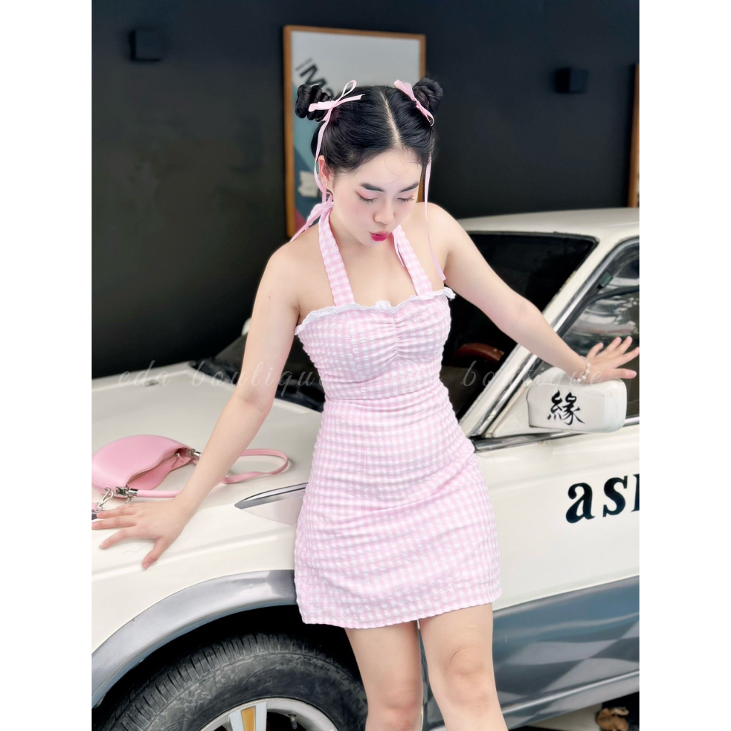 Đầm Nữ Phối Ren Cúp Ngực EDA - Váy Caro Pinky SS2 Phiên Bản Mới Ôm Eo 2 Dây