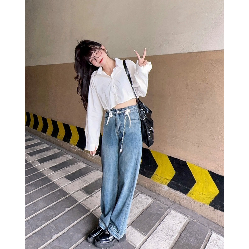 3100- Áo sơ mi croptop tay dài rút eo Quỳnh vintage