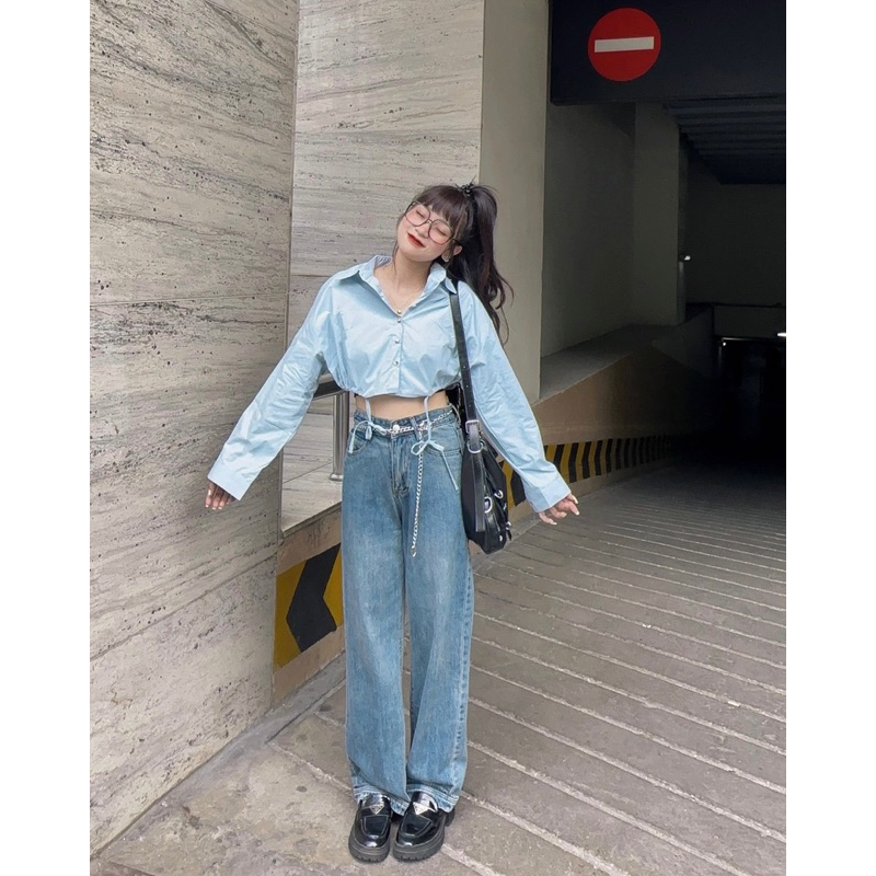 3100- Áo sơ mi croptop tay dài rút eo Quỳnh vintage