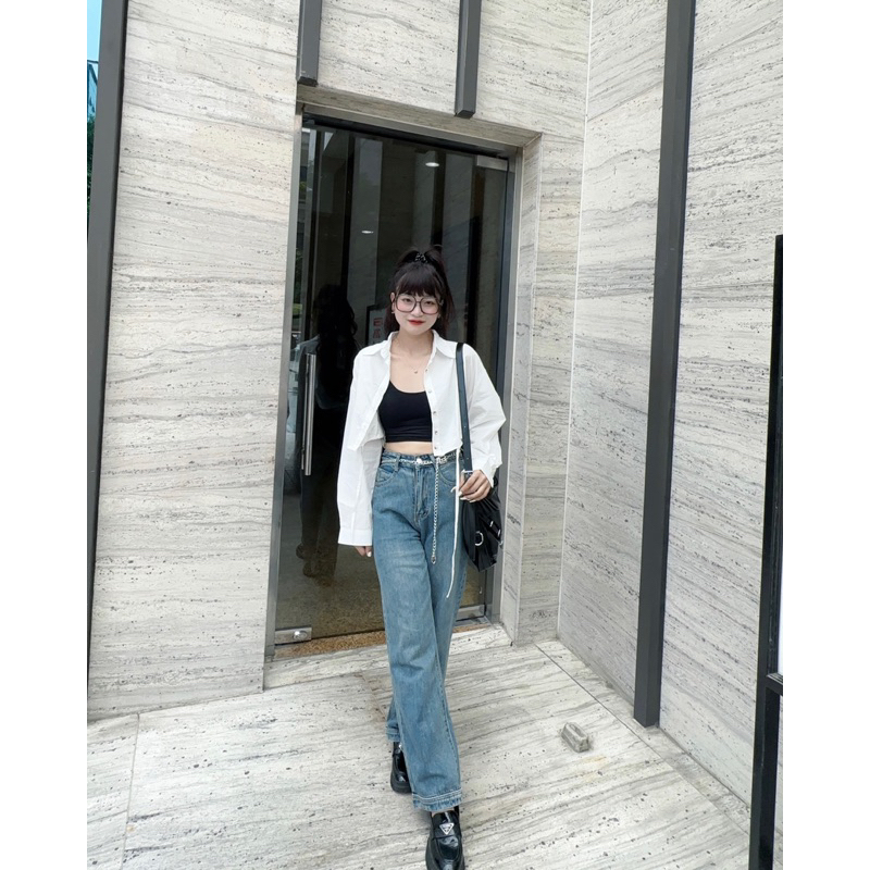 3100- Áo sơ mi croptop tay dài rút eo Quỳnh vintage