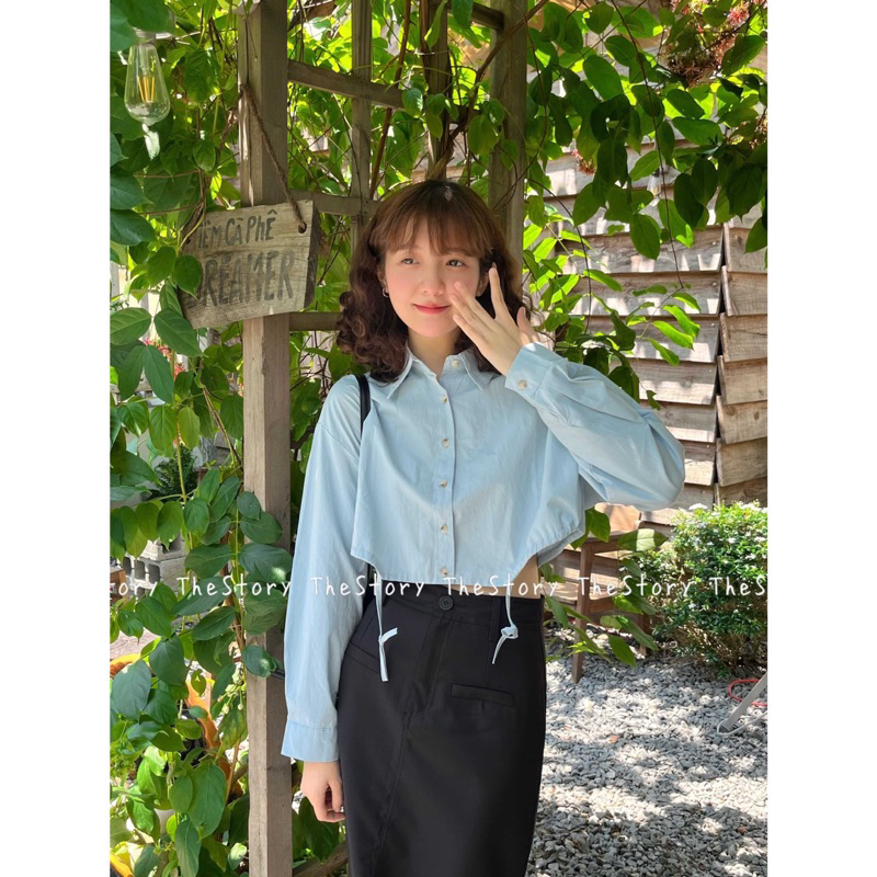3100- Áo sơ mi croptop tay dài rút eo Quỳnh vintage