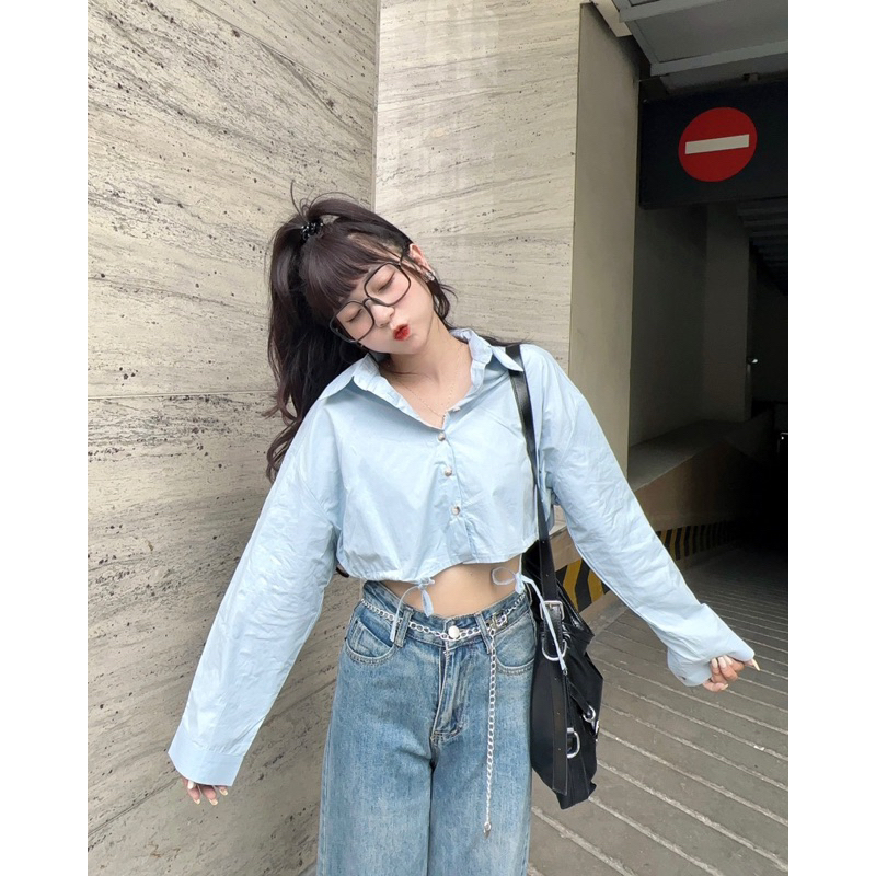 3100- Áo sơ mi croptop tay dài rút eo Quỳnh vintage
