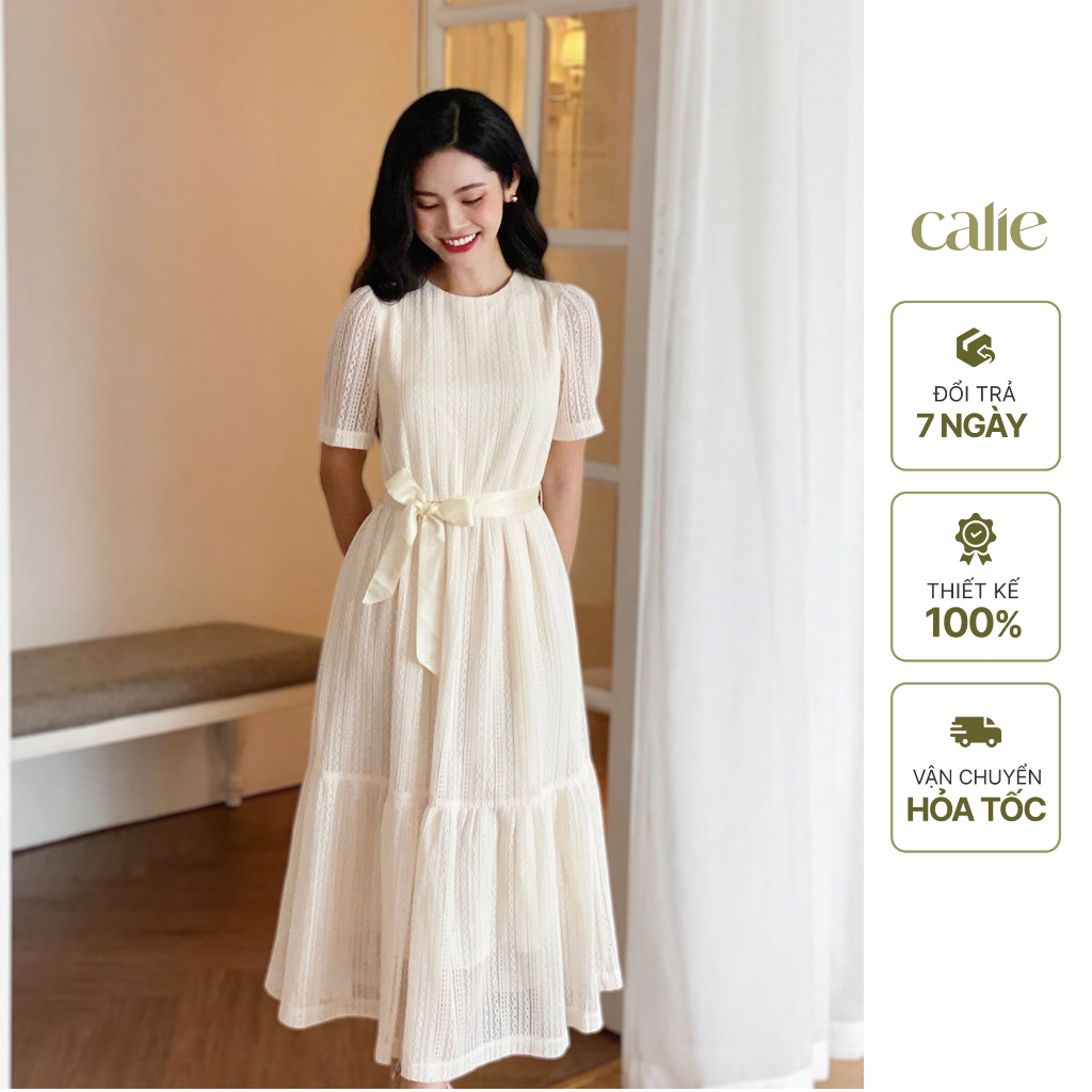 Váy dáng xòe midi ren phối đai buộc Calie VX113