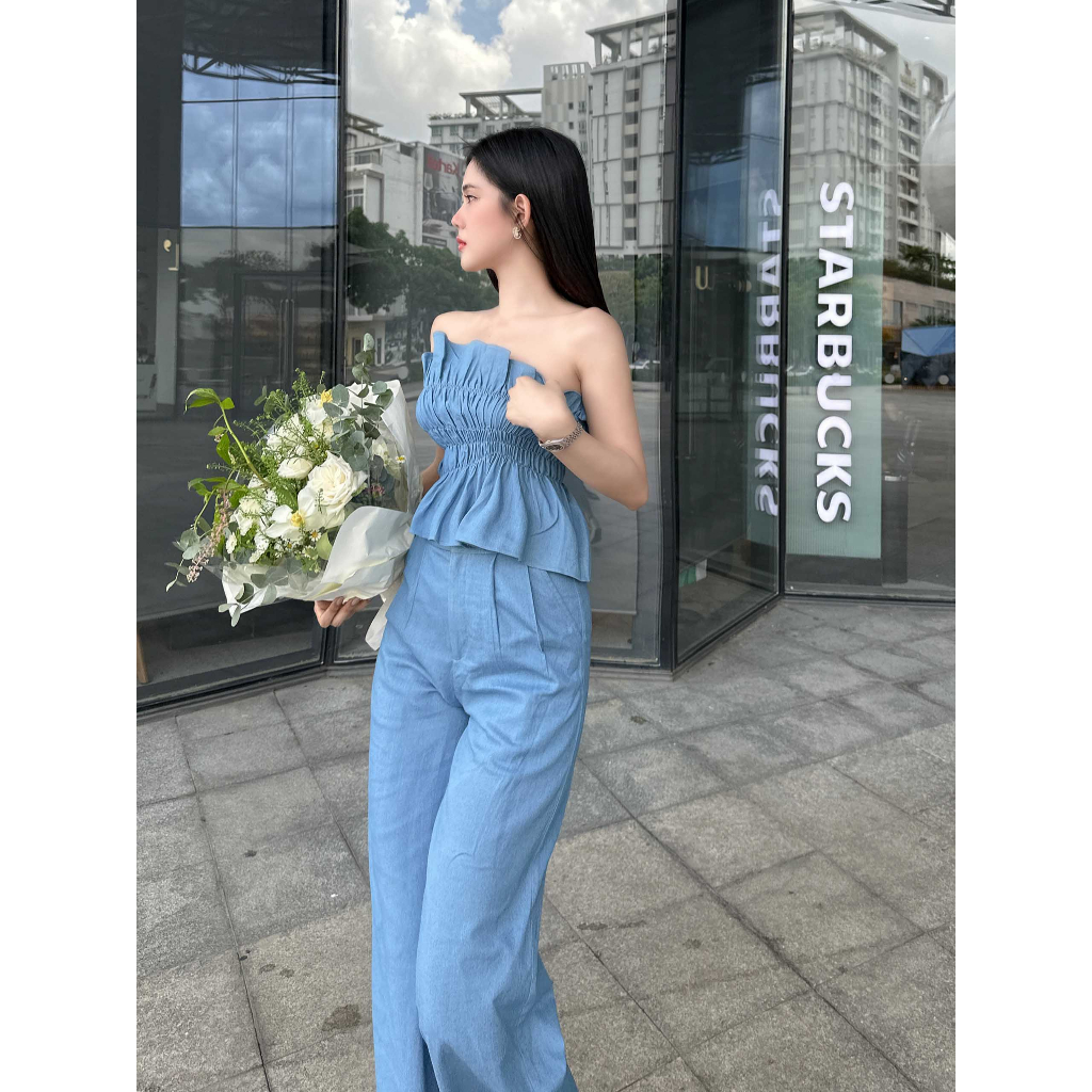 Set Bộ Nữ Strapless Tube Long Pant, Chất Vải Denim Thoải Mái, WSB070, SOMEHOW