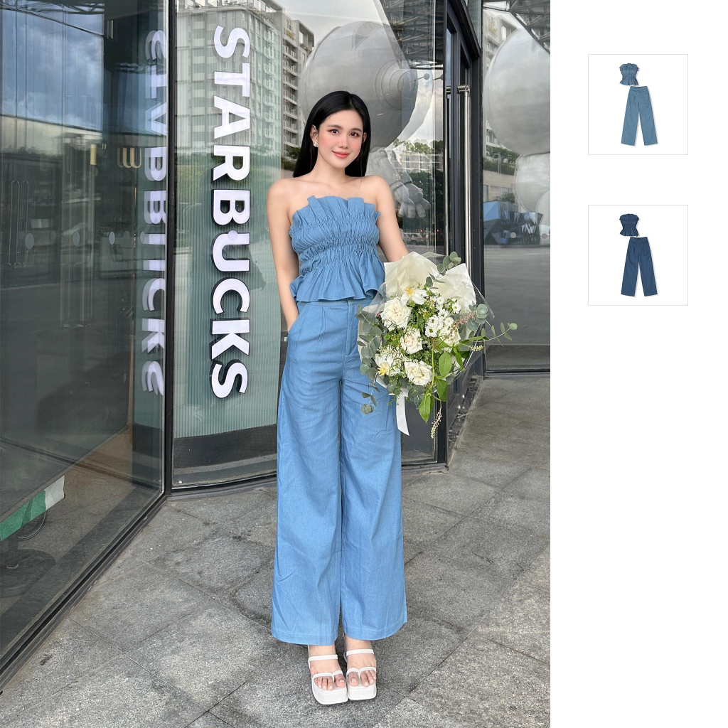 Set Bộ Nữ Strapless Tube Long Pant, Chất Vải Denim Thoải Mái, WSB070, SOMEHOW