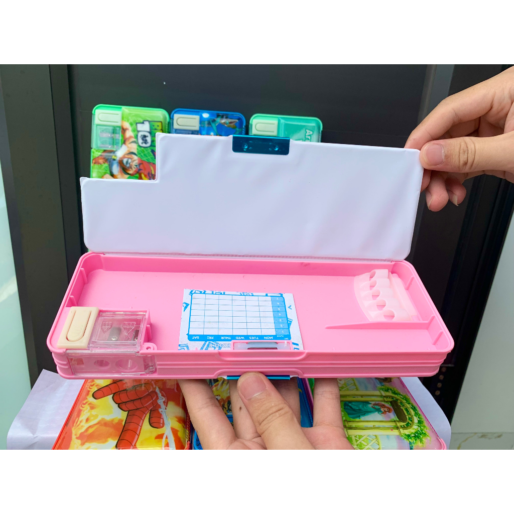 Hộp Bút Nhựa Nam Châm 2 Mặt Cao Cấp Đủ Mẫu Mã, Hộp Đựng Bút Kèm Gọt Chì In Hình Siêu Nhân,Công Chúa