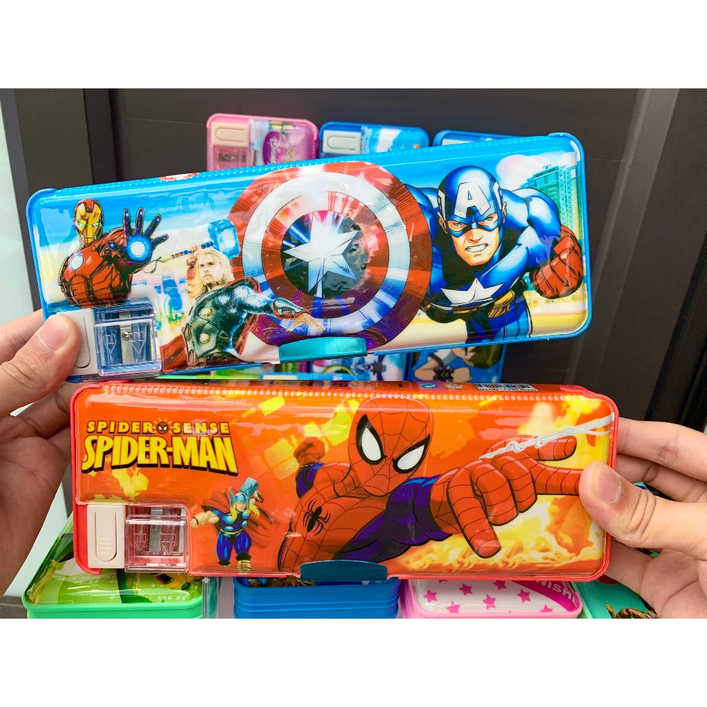 Hộp Bút Nhựa Nam Châm 2 Mặt Cao Cấp Đủ Mẫu Mã, Hộp Đựng Bút Kèm Gọt Chì In Hình Siêu Nhân,Công Chúa