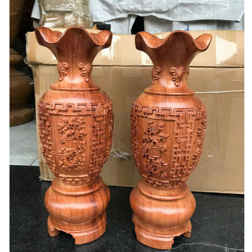 Lục Bình Tứ Quý, Gỗ Hương, Trạm Khắc Tinh Sảo Sắc Nét KT: Cao 40cm-50cm-60cm
