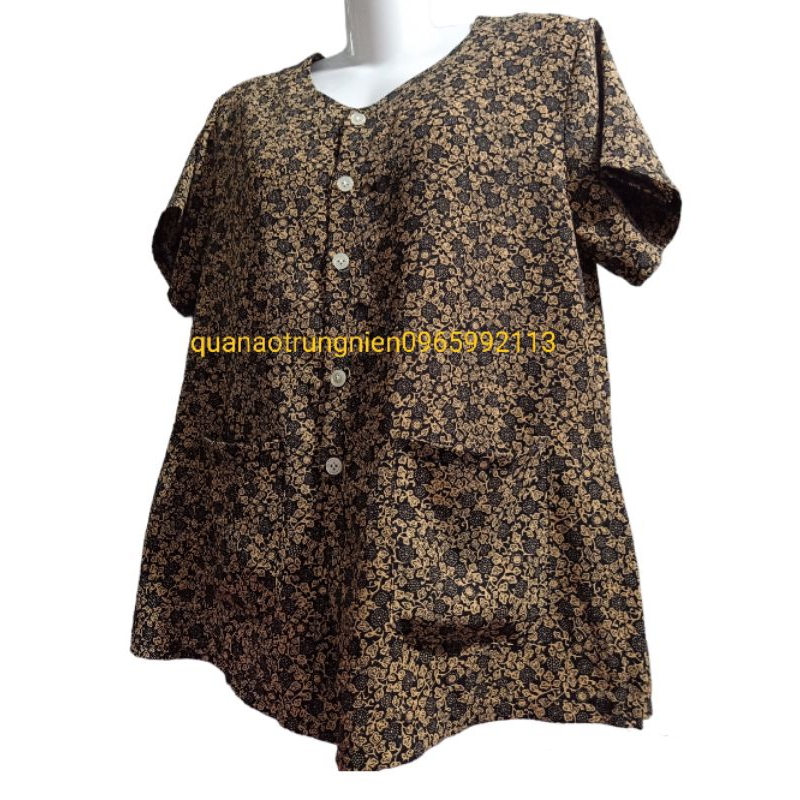 Áo lanh lụa hàn châu cộc tay xẻ tà có túi bà già