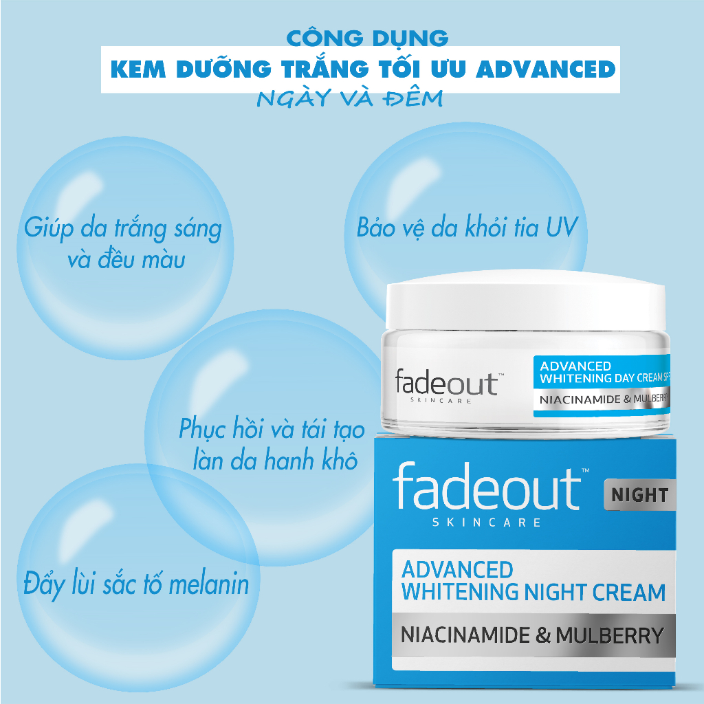 Kem dưỡng trắng da ban ngày FADEOUT Advanced, Anh Quốc, Giảm thâm nám,chống nắng SPF20,da trắng sáng đều màu sau 28 ngày