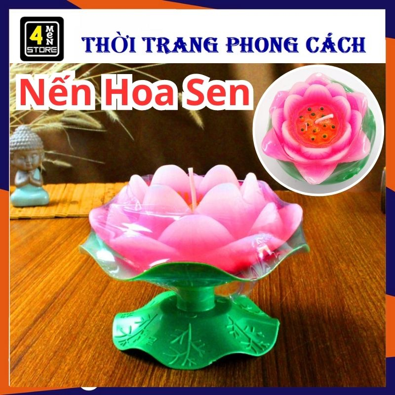 Nến Hình Hoa Sen Có Đế Xanh Để Bàn Thờ Thần Tài Size 6x7cm - Nến hoa sen thắp hương tráng trí bàn thời Tết - Sáp hoa sen