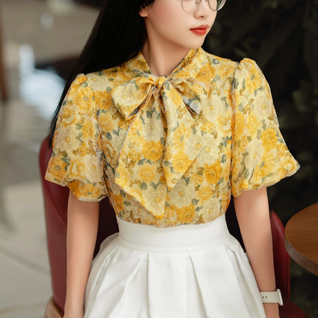 Áo voan tay phồng cổ thắt nơ hai lớp tiểu thư sang chảnh Lys&Key by Lyslee [ A049 ]