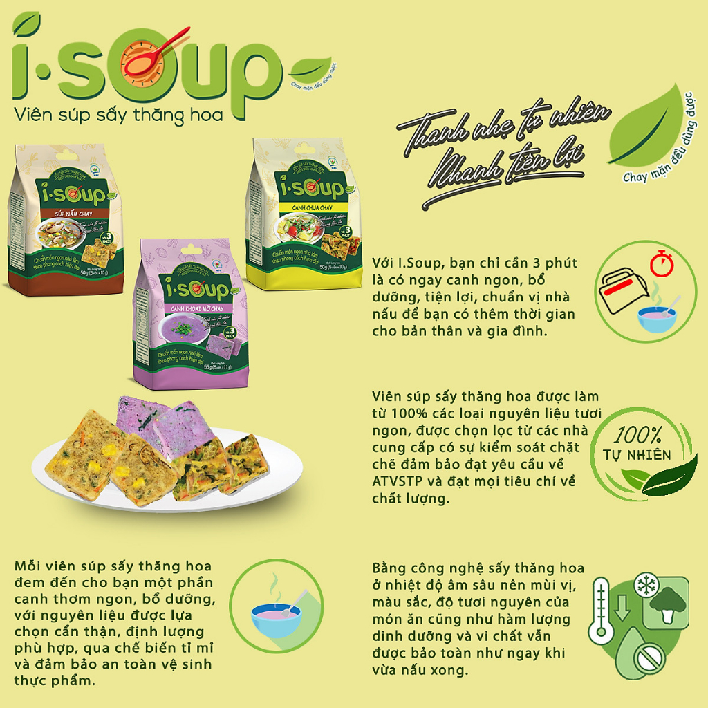 Canh Ăn Liền I-Soup Khoai Mỡ Chay/Nấm Chay/Chua Chay/Cải Xoong/Kim Chi Gói 66G