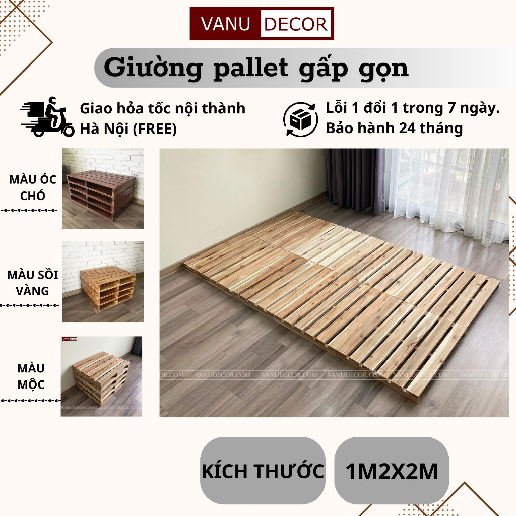 Giường Pallet Gỗ  Gấp Gọn Gỗ Mới Kích Thước 1m2x2m Decor nội thất phòng ngủ, đa năng, dễ di chuyển - VANU DECOR