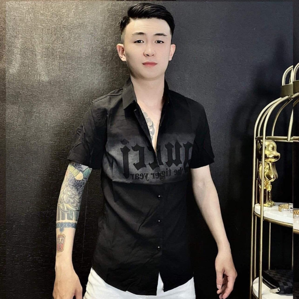 Áo sơ mi nam ngăn tay chất đũi cao cấp phối hai màu bắt mắt in GC trước ngực MS 0096