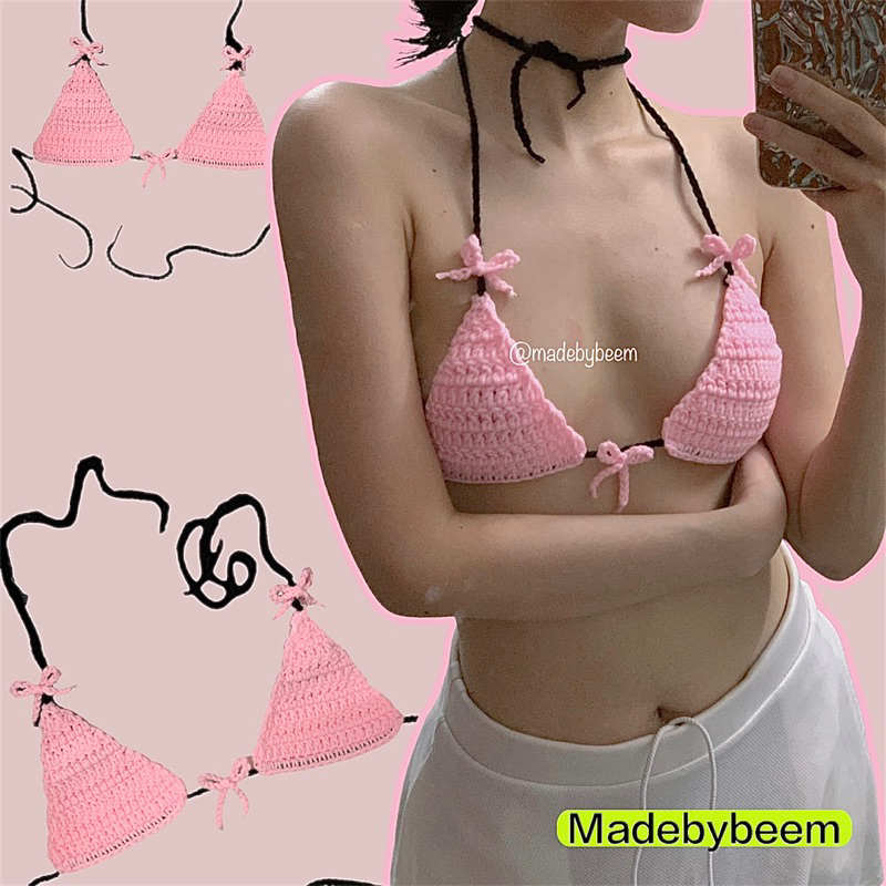 Black pink coquette bra - Bikini đính nơ style cute đi biển - Áo len móc crochet handmade