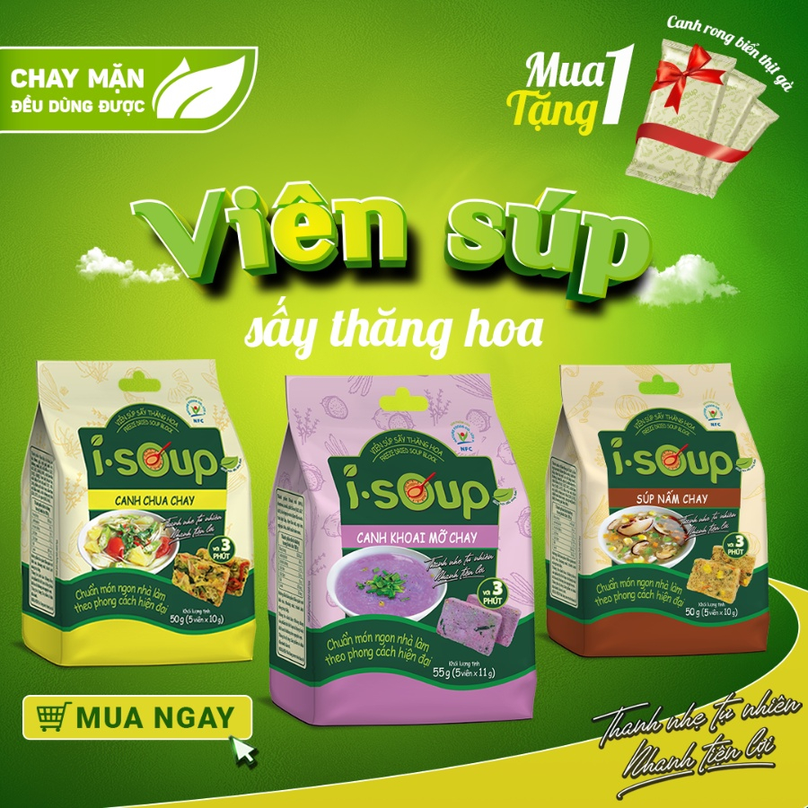 Canh Ăn Liền I-Soup Khoai Mỡ Chay/Nấm Chay/Chua Chay/Cải Xoong/Kim Chi Gói 66G