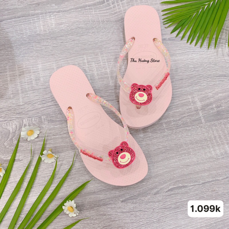 Dép HVN Slim Logomet Hồng Mix Charm Gấu