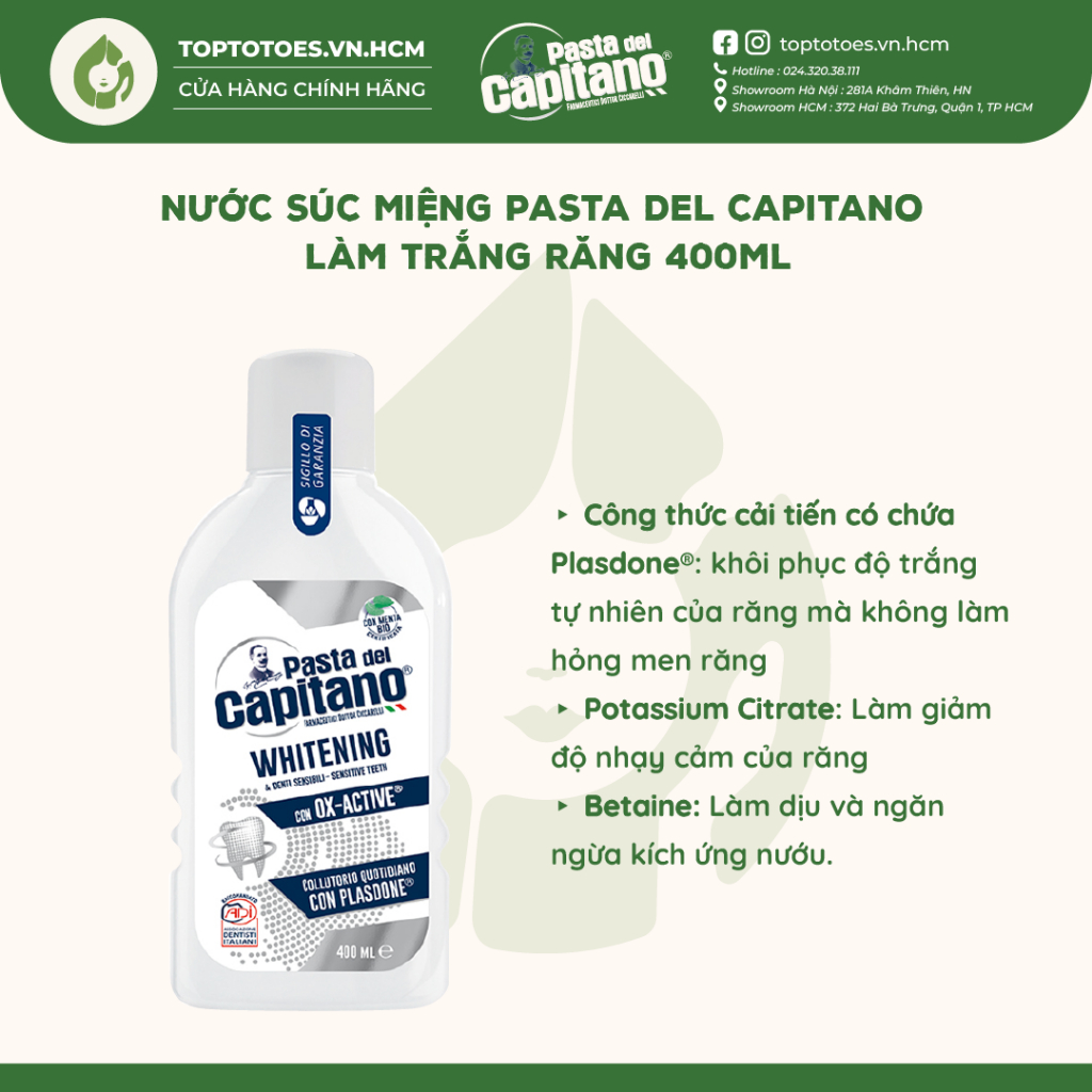 Nước súc miệng Pasta del Capitano loại bỏ mảng bám, thơm mát, trắng sáng răng 400ml [NHẬP KHẨU CHÍNH HÃNG 100%]