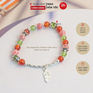 Vòng tay agate đỏ, peridot, đào hoa mix charm rơi lông vũ - bsttro020 - ngọc gems