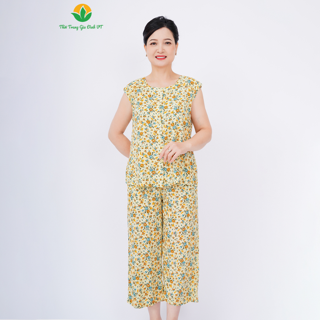 Đồ bộ lanh trung niên Việt Thắng, quần lửng, áo sát nách lé vai - B05.2304