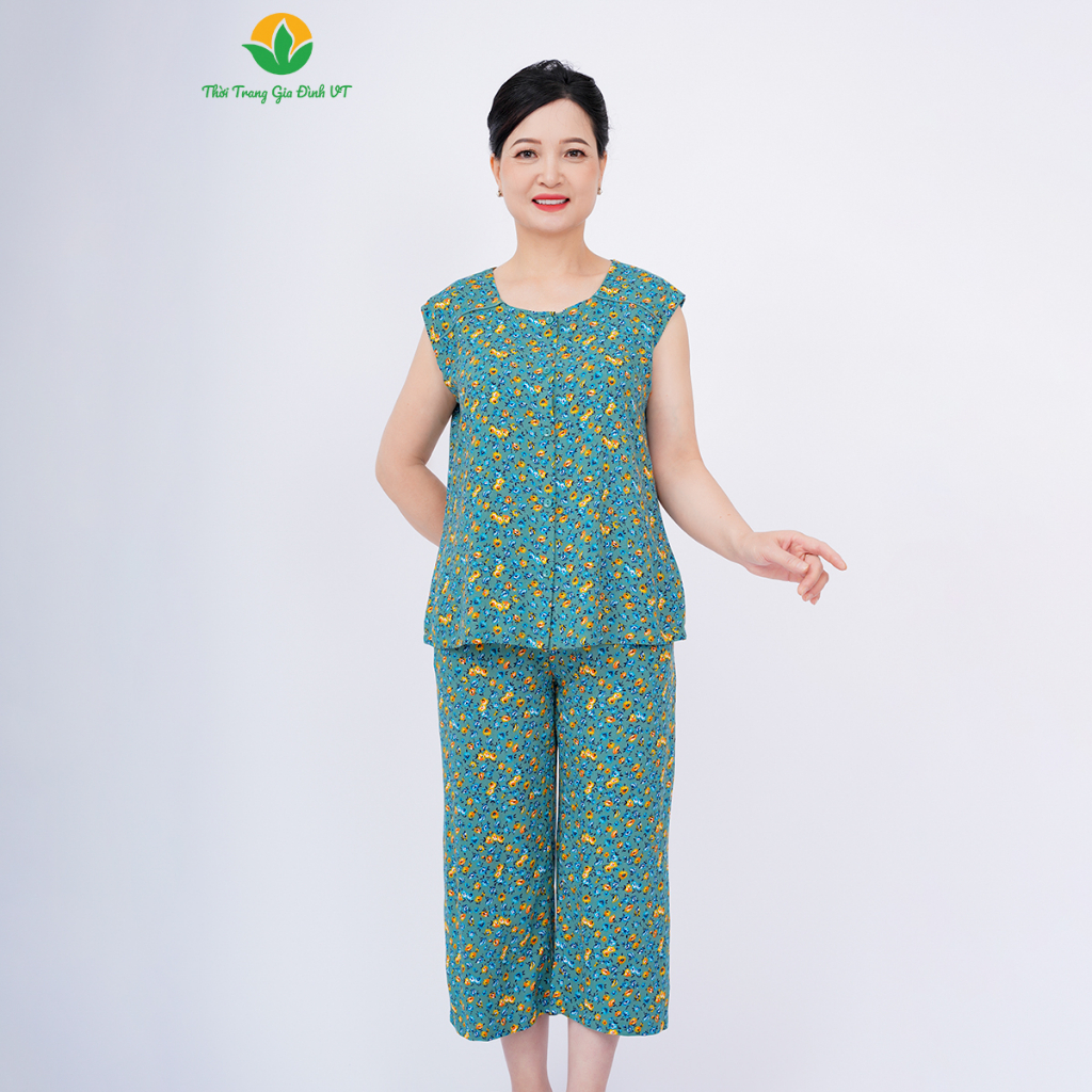 Bộ mặc nhà trung niên xuân hè Việt Thắng quần lửng áo sát nách chất Lanh B05.2304