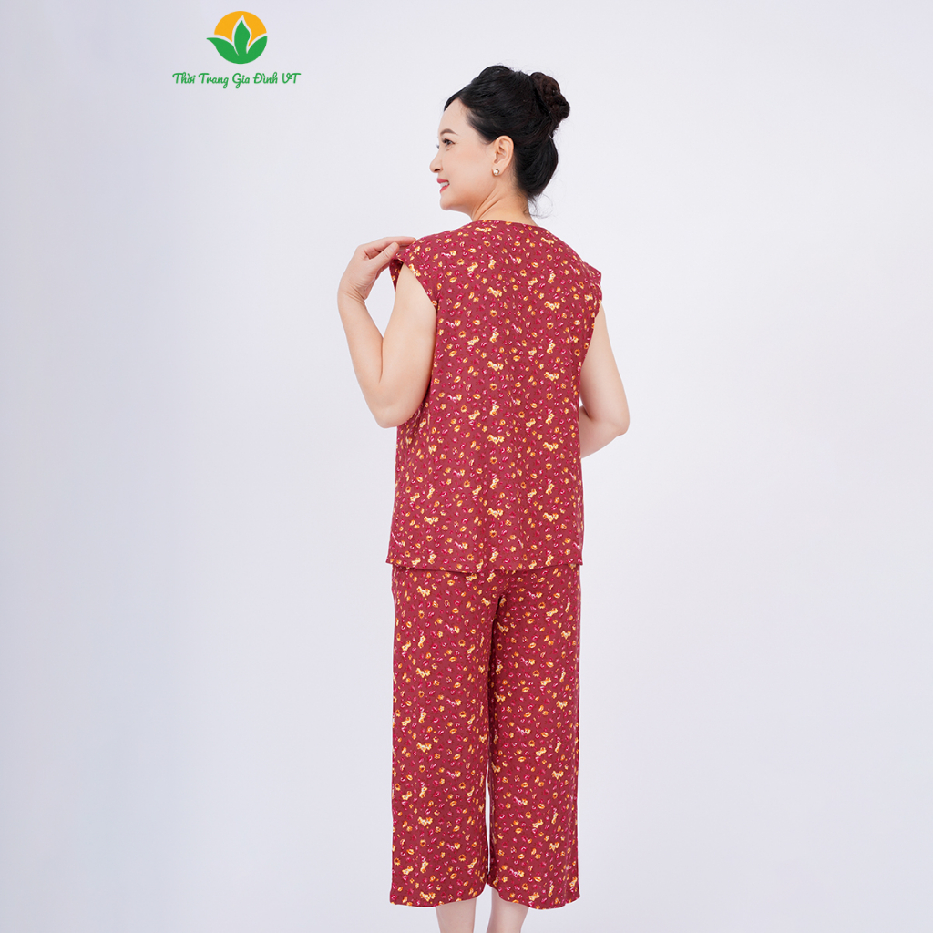 Bộ mặc nhà trung niên xuân hè Việt Thắng quần lửng áo sát nách chất Lanh B05.2304