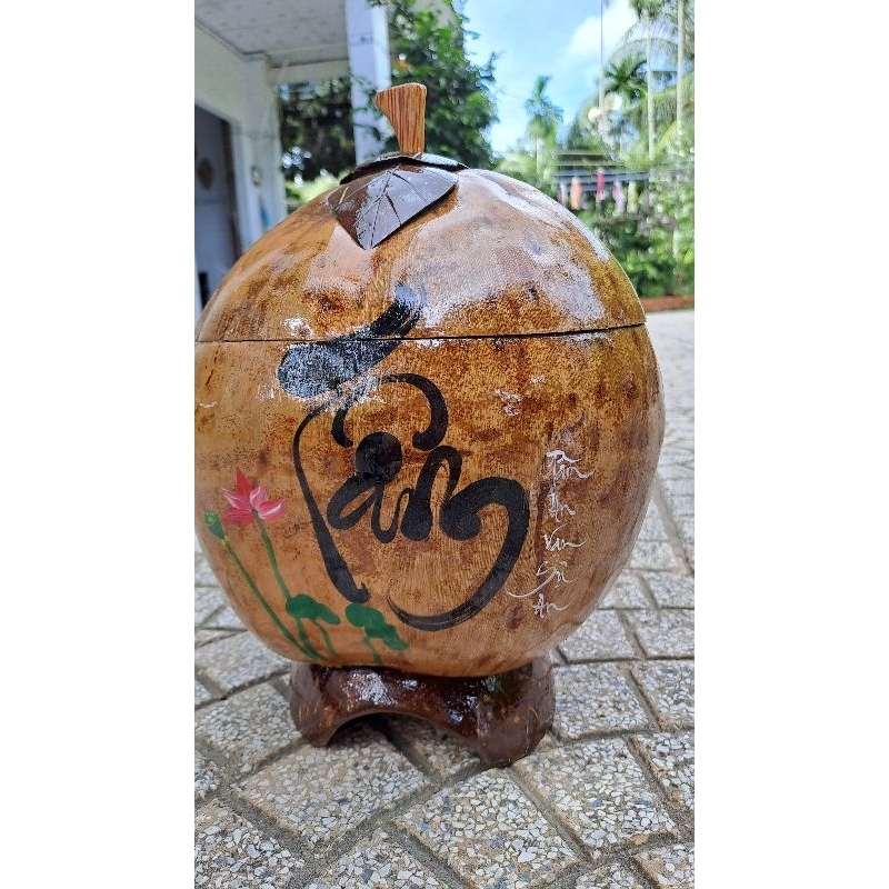 Combo quả dừa giữ nhiệt bình trà có đế, sơn bóng kèm ấm trà một lít, viết chữ thư pháp