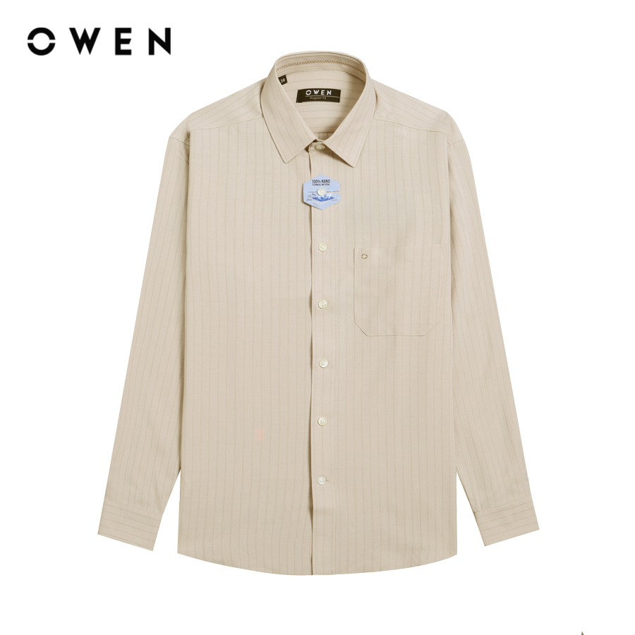 OWEN - Áo sơ mi dài tay Nam Owen dáng Regular Fit màu Be chất liệu Nano - AR22973DT