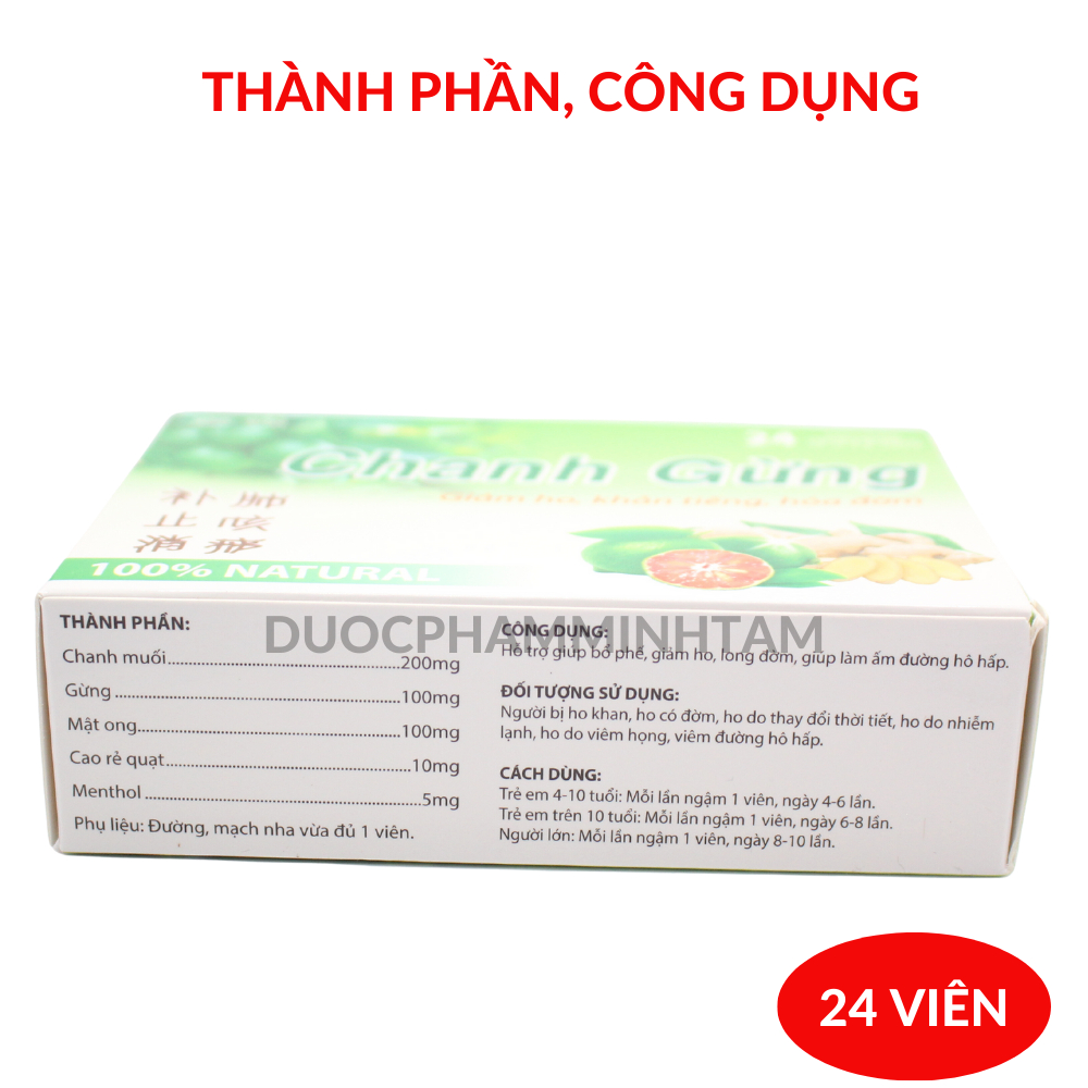 Kẹo ngậm giảm ho chanh gừng mật ong, giảm ho, giảm đờm, giảm đau họng, khàn tiếng- 24 Viên viên ngậm giảm ho chanh gừng
