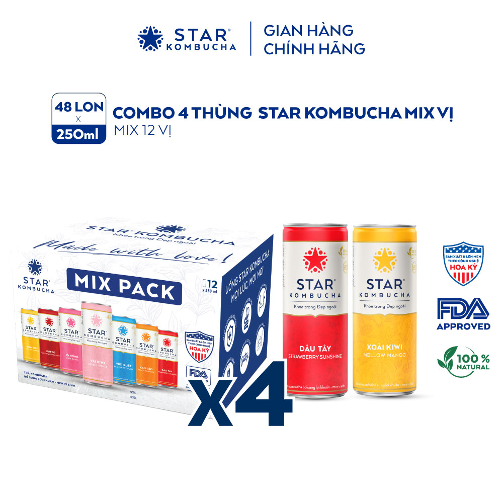 (Bao bì Xuân 2024) Combo 4 thùng trà hữu cơ STAR KOMBUCHA mix vị - Family Pack (250ml x 48 lon)