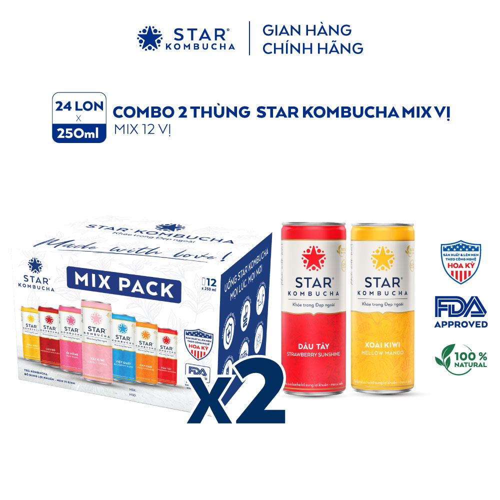 (Bao bì Xuân 2024) Combo 2 thùng 12 lon trà lên men STAR KOMBUCHA hữu cơ mix vị (250ml/lon)