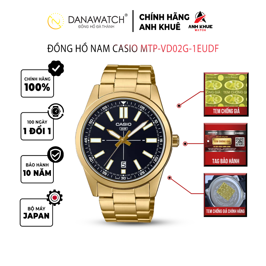Đồng hồ Casio Nam chính hãng Casio Nhật Bản MTP-VD02G-1EUDF dây da chính hãng chống nước tốt