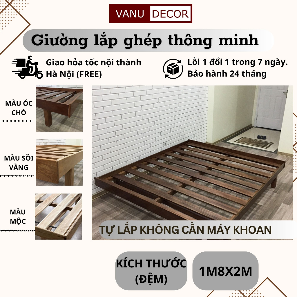 Giường ngủ - Giường gỗ nội thất VANU DECOR Dễ Tháo Lắp Không Cần Máy Khoan - Kích Thước 1m8x2m- decor phòng ngủ