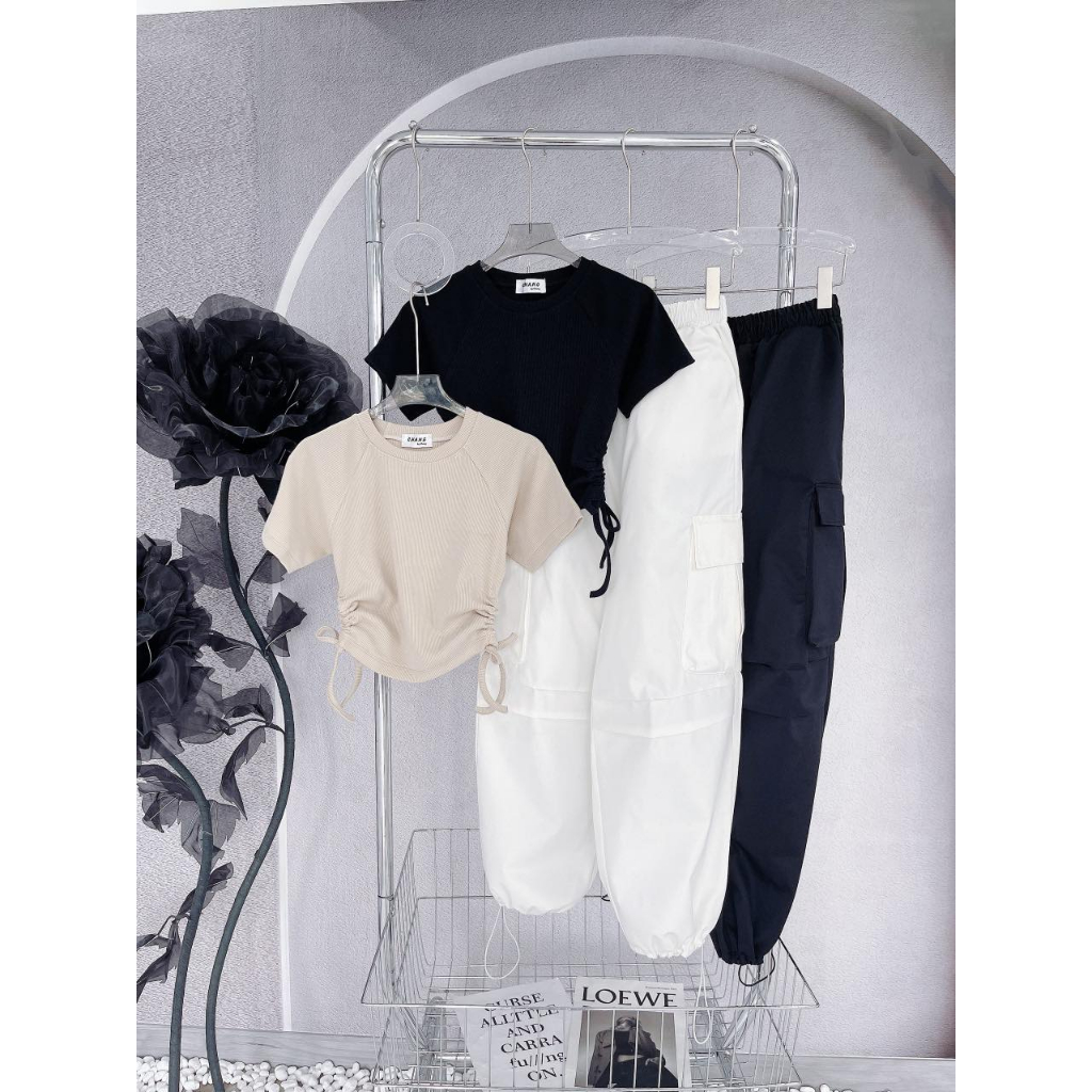 SET ÁO CROP RÚT DÂY EO + QUẦN JOGGER TÚI HỘP