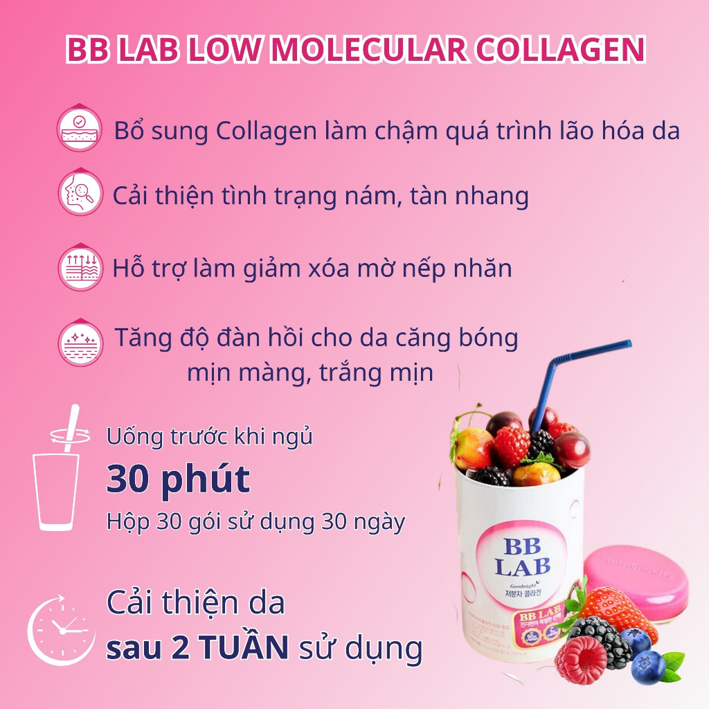 Collagen Ban Đêm BB LAB Low Molecular Collagen Bổ Sung Collagen Sáng Da Căng Bóng, Chậm Lão Hóa 30 Gói