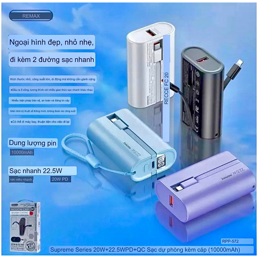 Pin Dự Phòng Nhanh 20w RPP 572 Dung Lượng 10000mAh Kèm 2 Dây Sạc Và Dây Treo Siêu Nhỏ Gọn Super 20W+22.5W PD+QC.