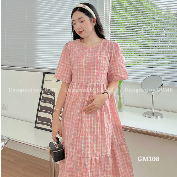 Váy Bầu Công Sở - Đầm Bầu GUME dáng babydoll, vải thô cầu vồng hottrend, tay bồng nhẹ, mùa hè mặc mát GM108