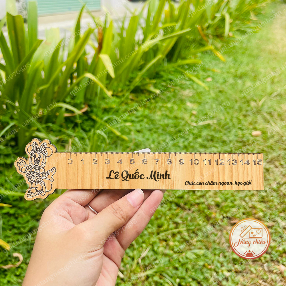 Thước khắc hình chuột minie , Thước kẻ gỗ học sinh , giáo viên gỗ 15cm khắc laze theo yêu cầu, quà tặng học trò