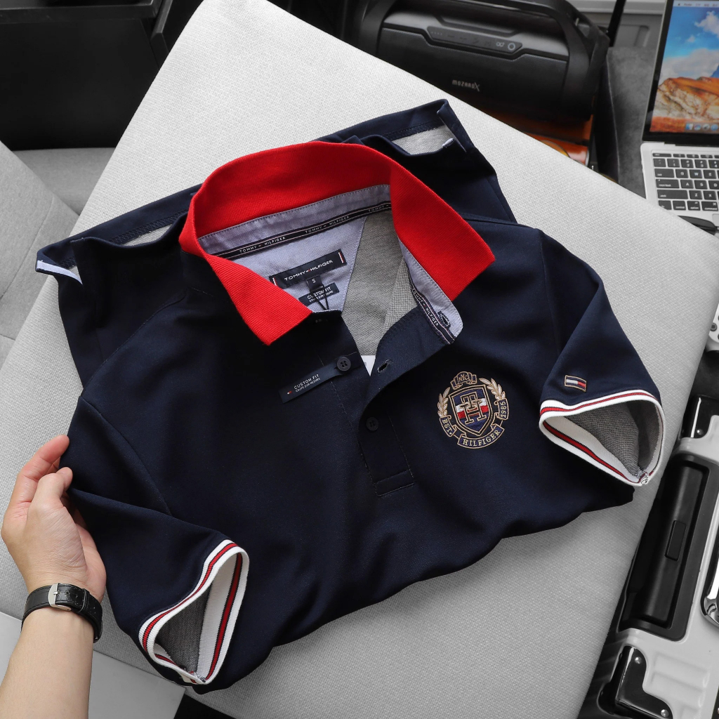 Áo Thun Nam Polo Shirt POLO TOMMY NAVY CỔ ĐỎ Logo Màu Vải Cotton Piqué Dệt Kim Cao Cấp Sang Trọng