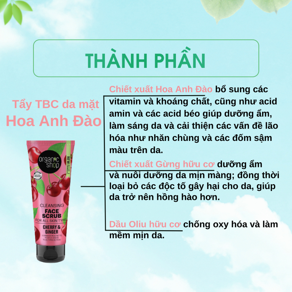 Tẩy tế bào chết da mặt ORGANIC SHOP dịu nhẹ, chống lão hoá và dưỡng ẩm da 75ml