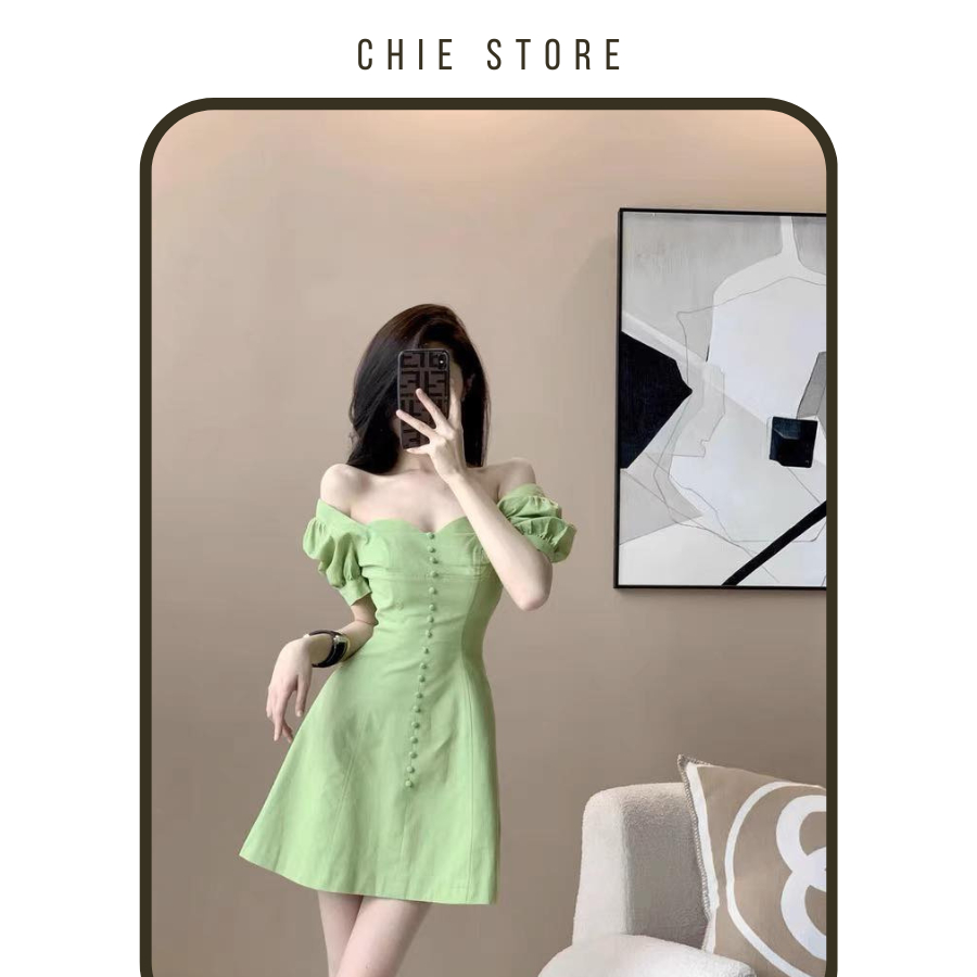 Đầm thiết kế xanh bơ hot trend cổ vuông trễ vai Sara dress