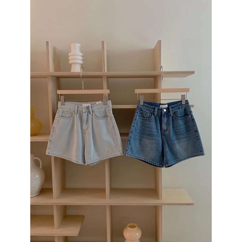 Quần short jeans trơn màu cạp cao W5509