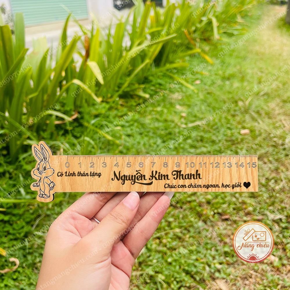 Thước gỗ khắc hình thỏ xám, thước kẻ thẳng 15cm khắc theo yêu cầu, quà tặng học trò ý nghĩa