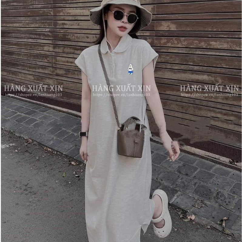Váy midi suông cotton tay lỡ thêu gấu cổ sen nhiều màu