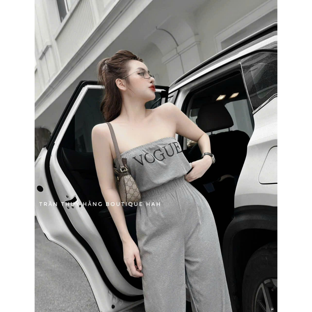 jumsuit ống rộng cúp ngực in chữ VOGUE siêu xiinh, jum thun dẻo quần ống rộng dài 2 màu mặc đi biển , đi chơi MTB