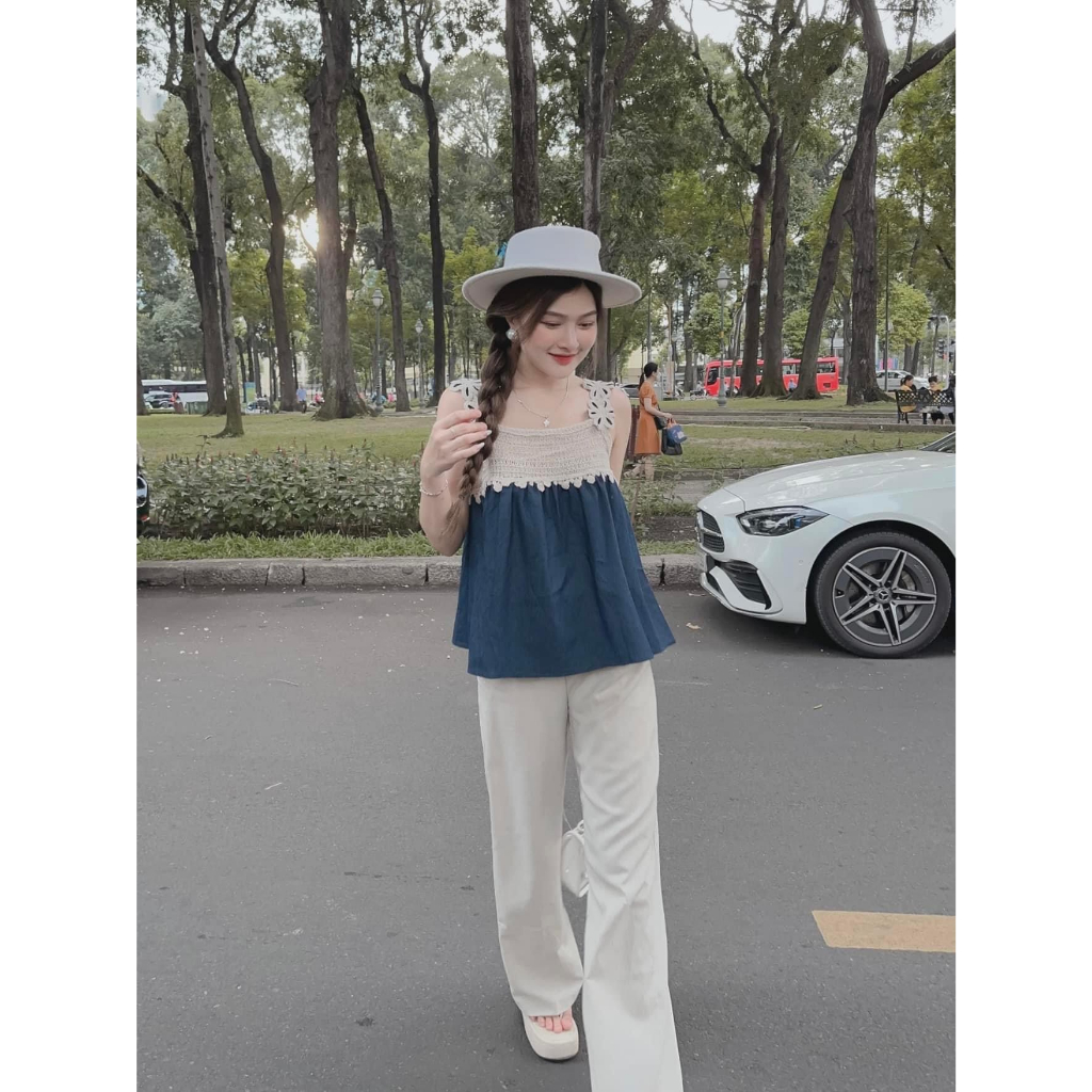 Set áo denim phối ren kèm quần ống suông vintage (Ảnh chụp thật) 💟 set đồ kiểu nữ💟 set tiểu thư khí chất - Thanh Boutiqu