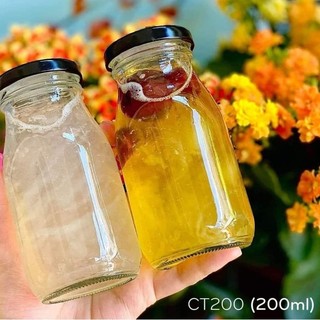 Chai thủy tinh 200-300ml nắp thiếc đen đựng nước trái cây, sữa hạt, cà phê, mật ong, thực phẩm