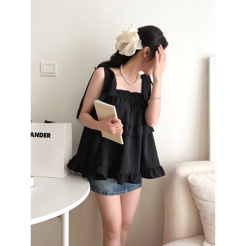 áo kiểu nữ bánh bèo, áo 2 dây babydoll chất thô lụa buộc nơ vai kiểu dáng hàn quốc  A91 SUTANO ( ảnh thật ,video) | BigBuy360 - bigbuy360.vn