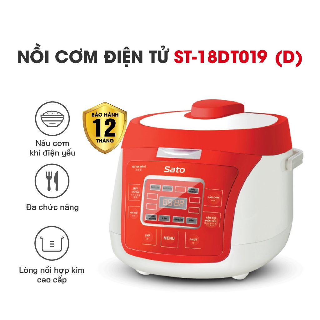 Nồi cơm điện tử 1.8L Sato 18DT019 - Nấu được khi điện yếu và ủ ấm đa chiều trong 24h